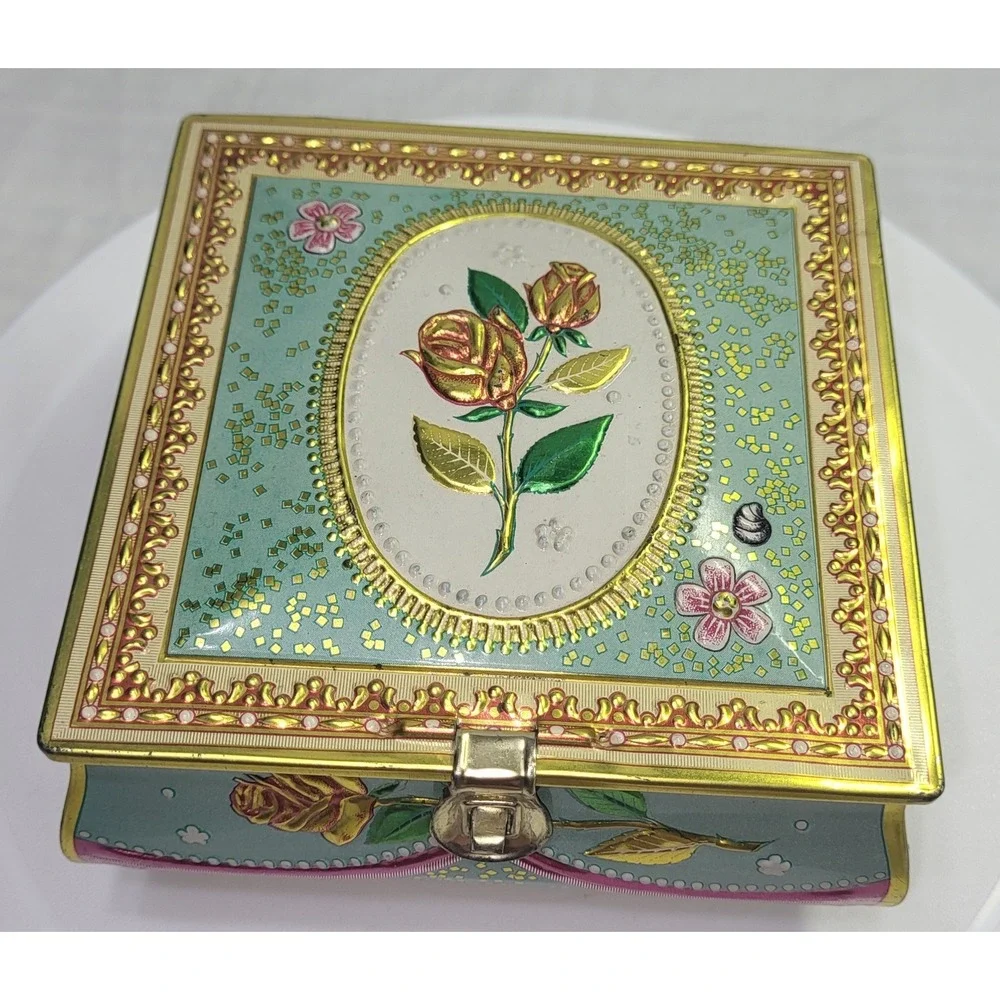 Trinket Box Teal Gold Embossed Rose Metal Tin Vintage Victorian Cottagecore